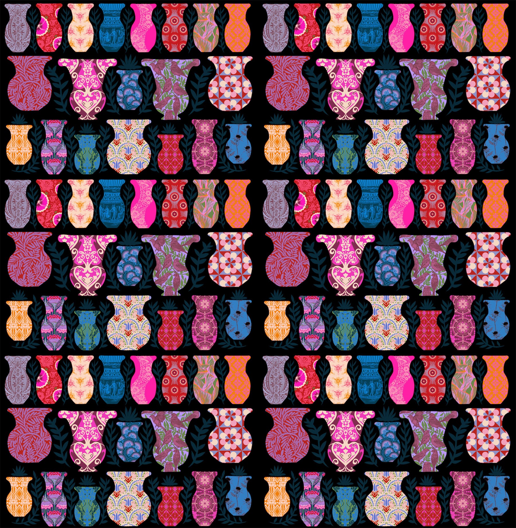 Pattern of colorful vases on a black background