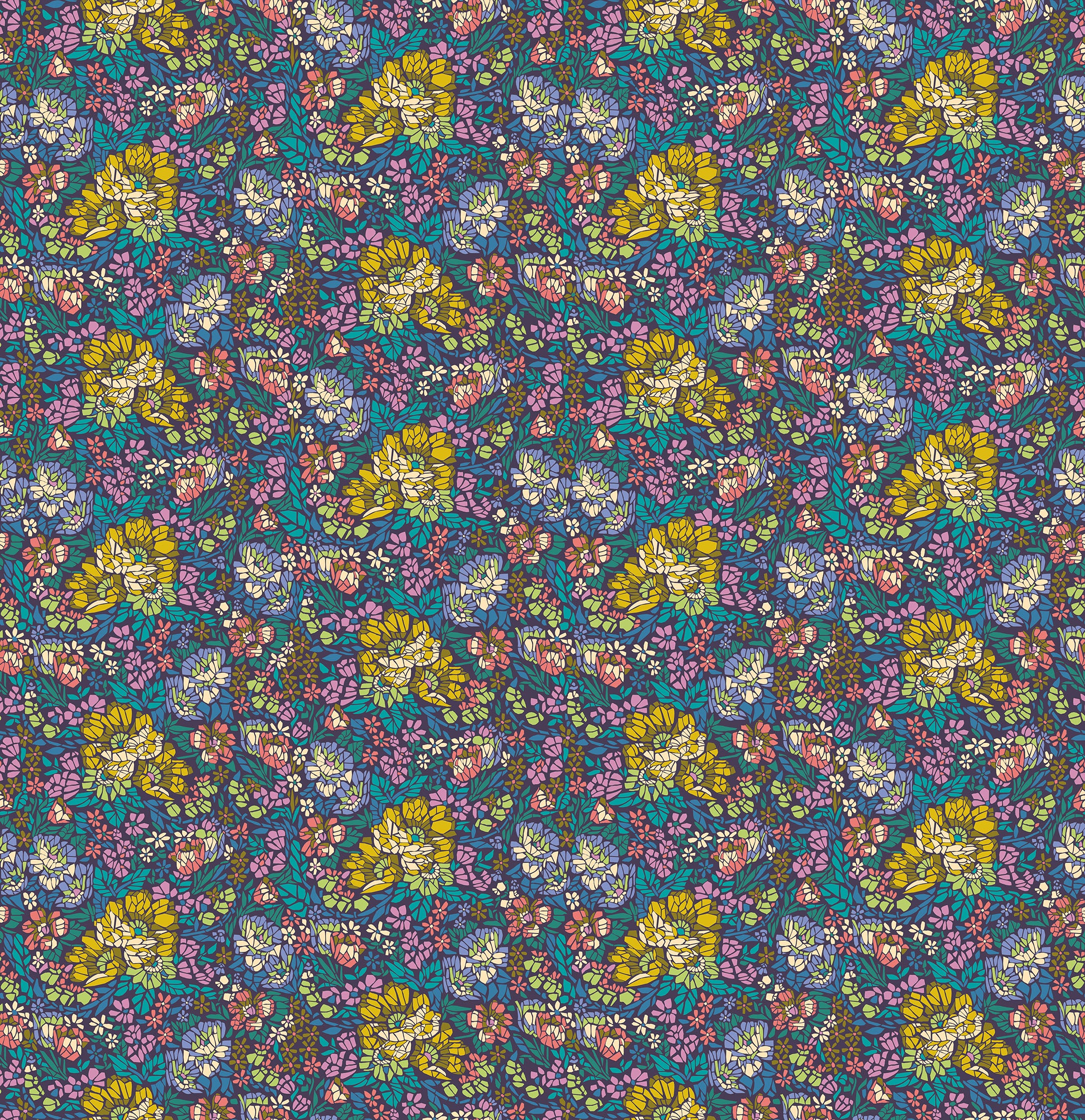 Patterned fabric with colorful flowers on a blue background