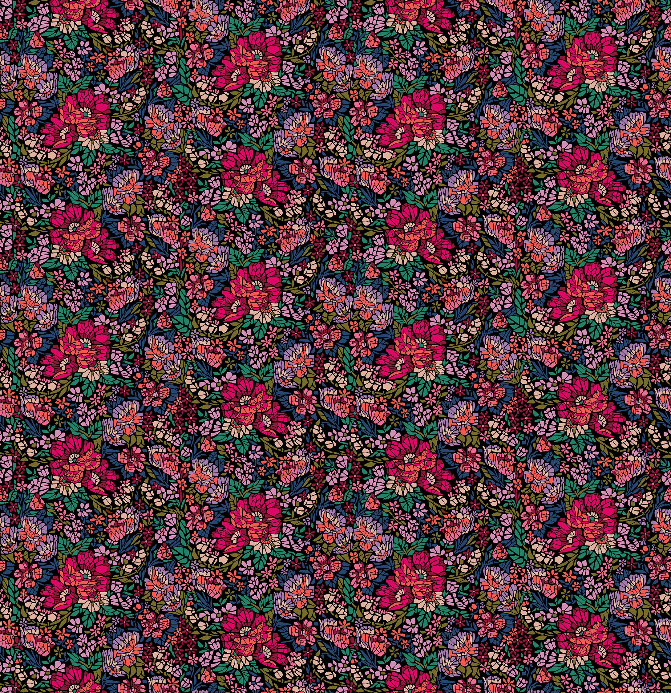 Patterned fabric with small pink flowers on a dark background