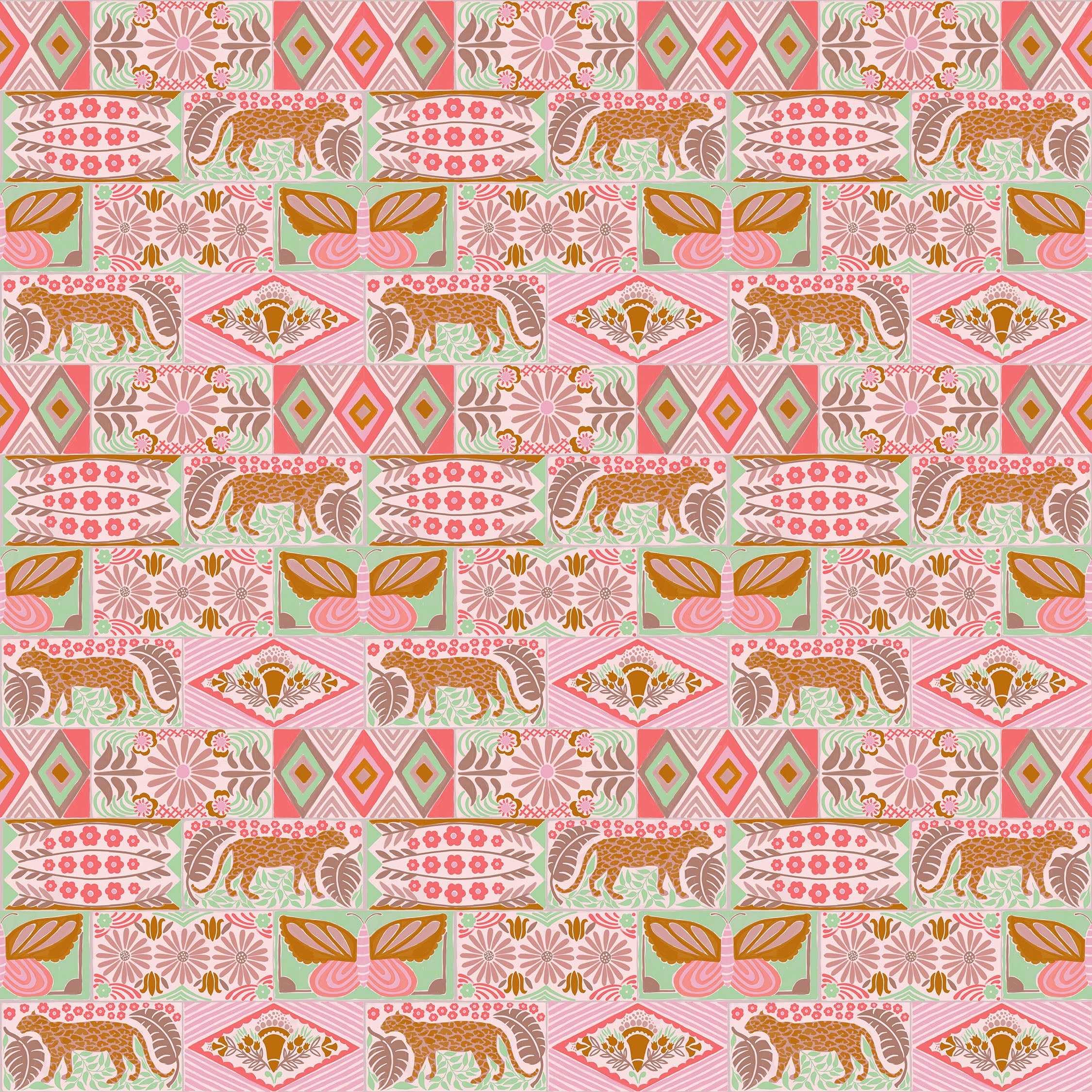 Patterned fabric with geometric shapes and animal illustrations in pink, green, and brown.