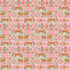 Patterned fabric with geometric shapes and animal illustrations in pink, green, and brown.