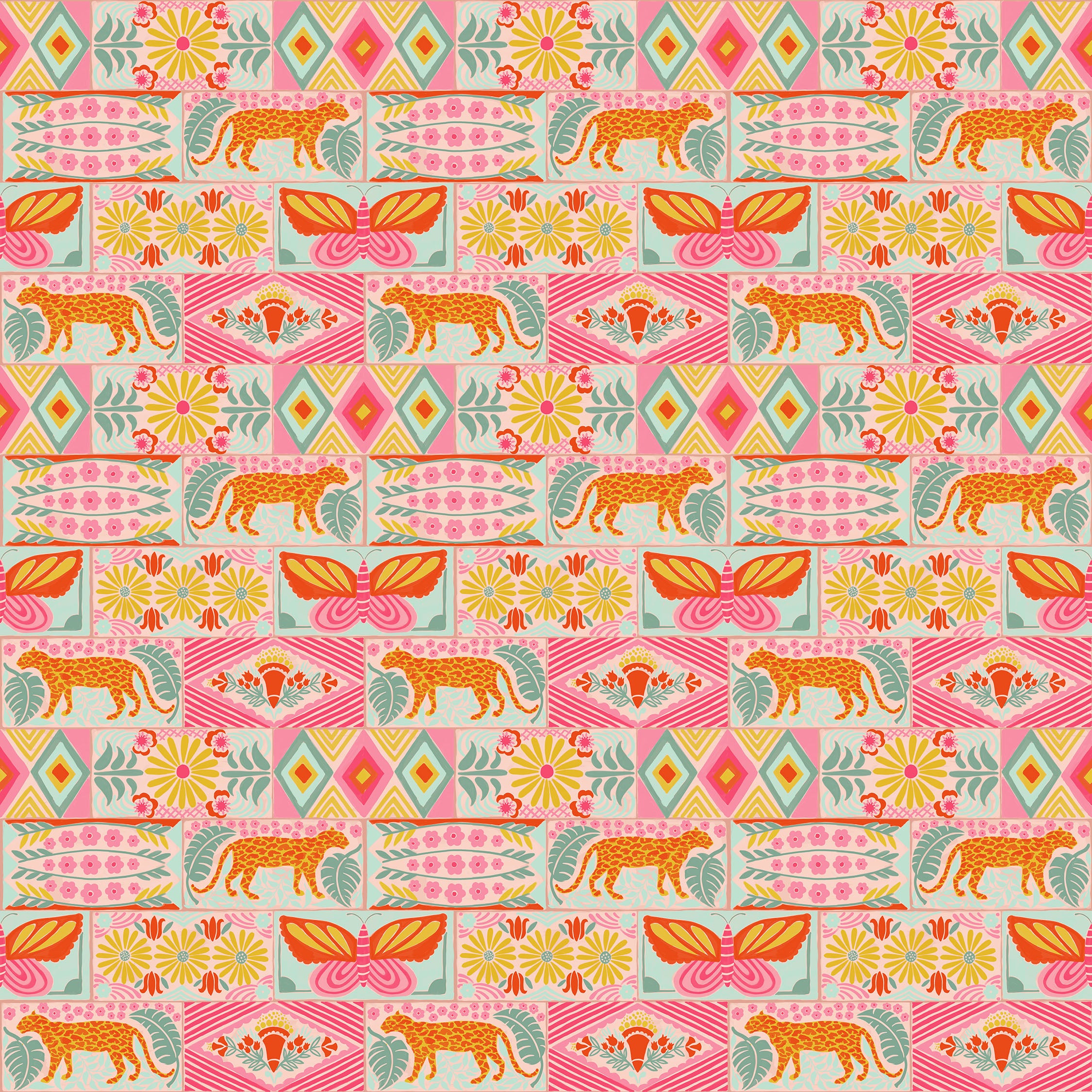 Patterned fabric with leopards, flowers, and geometric shapes on a pink background