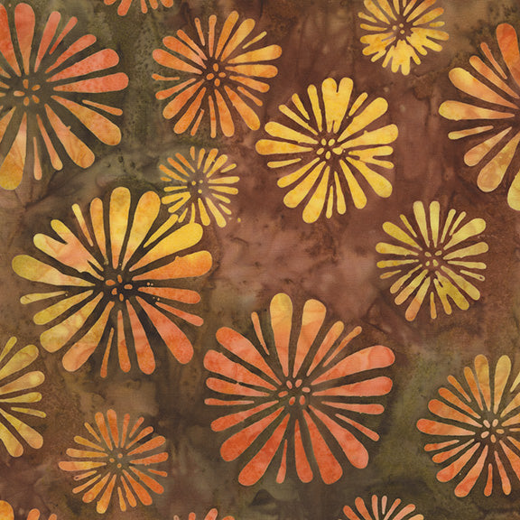 Pattern of orange and yellow flowers on a brown background