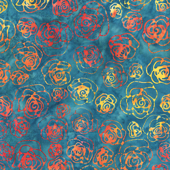Pattern of red and orange roses on a blue background