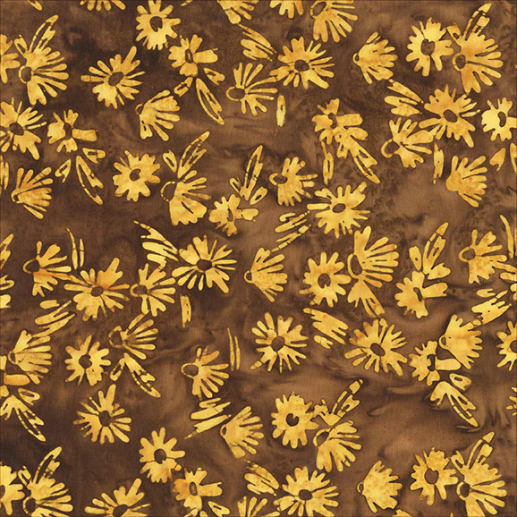 A close-up of a brown fabric with a repeating pattern of yellow-gold daisy-like flowers and small leaves.