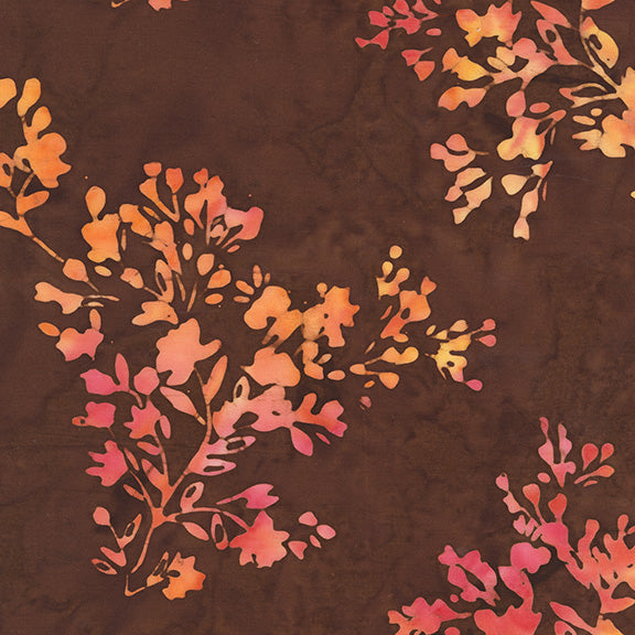 Floral pattern with pink and orange flowers on a brown background