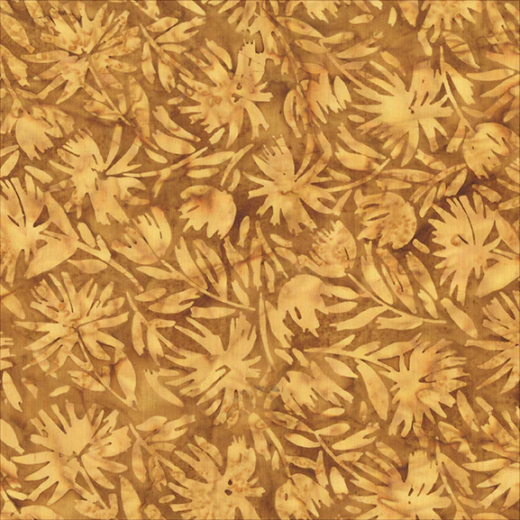 A close-up of a repeating batik pattern featuring stylized tropical leaves and floral motifs in warm golden-brown and tan tones.