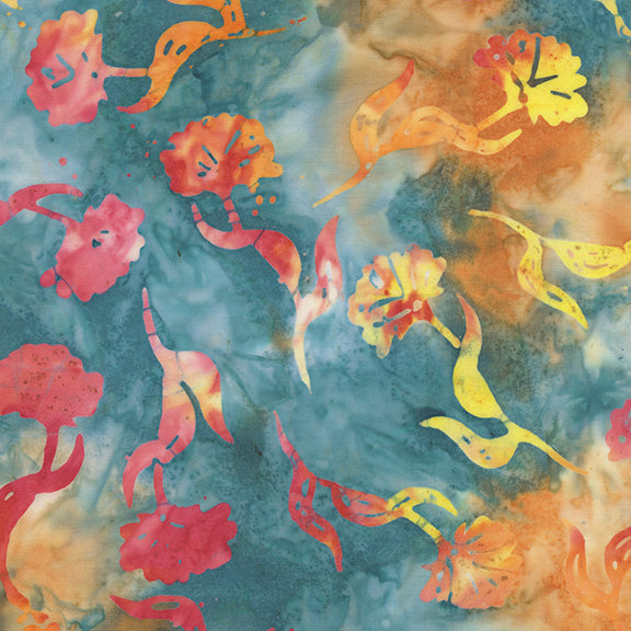 Colorful abstract pattern with swirling shapes on a blue background