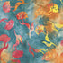 Colorful abstract pattern with swirling shapes on a blue background