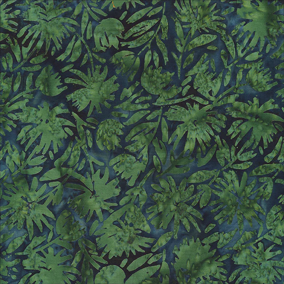 A close-up of a tropical leaf pattern fabric featuring green palm and monstera leaves on a dark navy blue background.