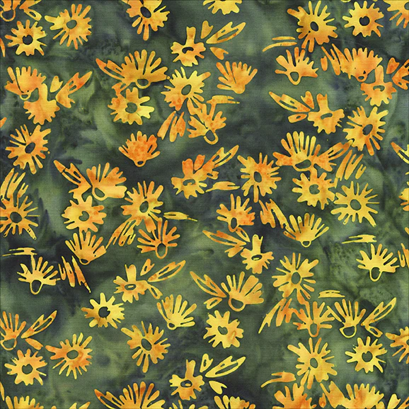 A close-up of a fabric pattern featuring hand-drawn yellow and orange flowers on a dark green marbled background.