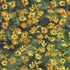 A close-up of a fabric pattern featuring hand-drawn yellow and orange flowers on a dark green marbled background.