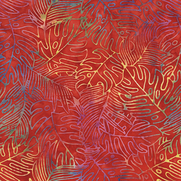 Red fabric with abstract leaf pattern