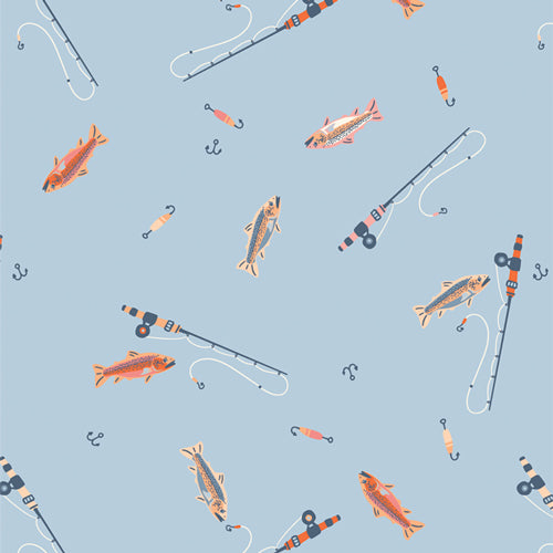 Fabric Art Gallery Mist Perfect Catch in Flannel Happy Camper by the Quarter Yard F-64611a