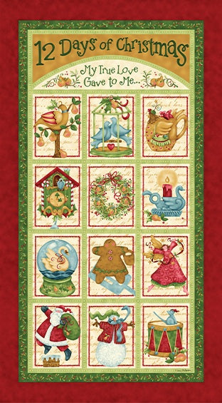 12 Days of Christmas panel with traditional holiday illustrations on a red background