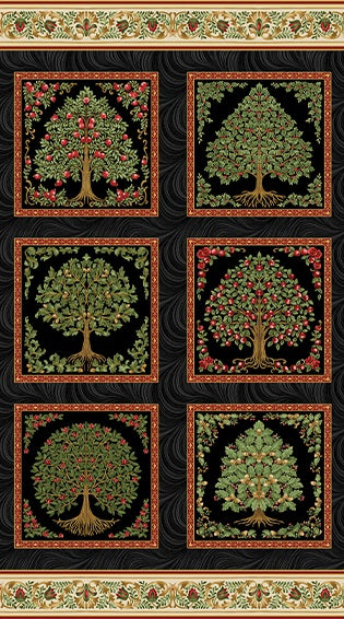Decorative panel with repeated tree of life design on a black background