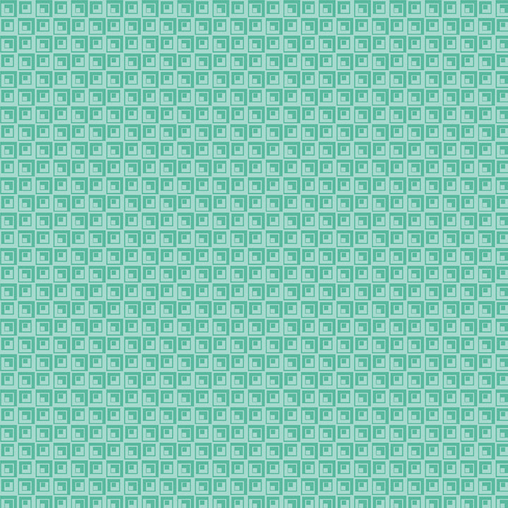 A repeating geometric pattern of small teal and mint green squares with central dot motifs, filling the entire frame.