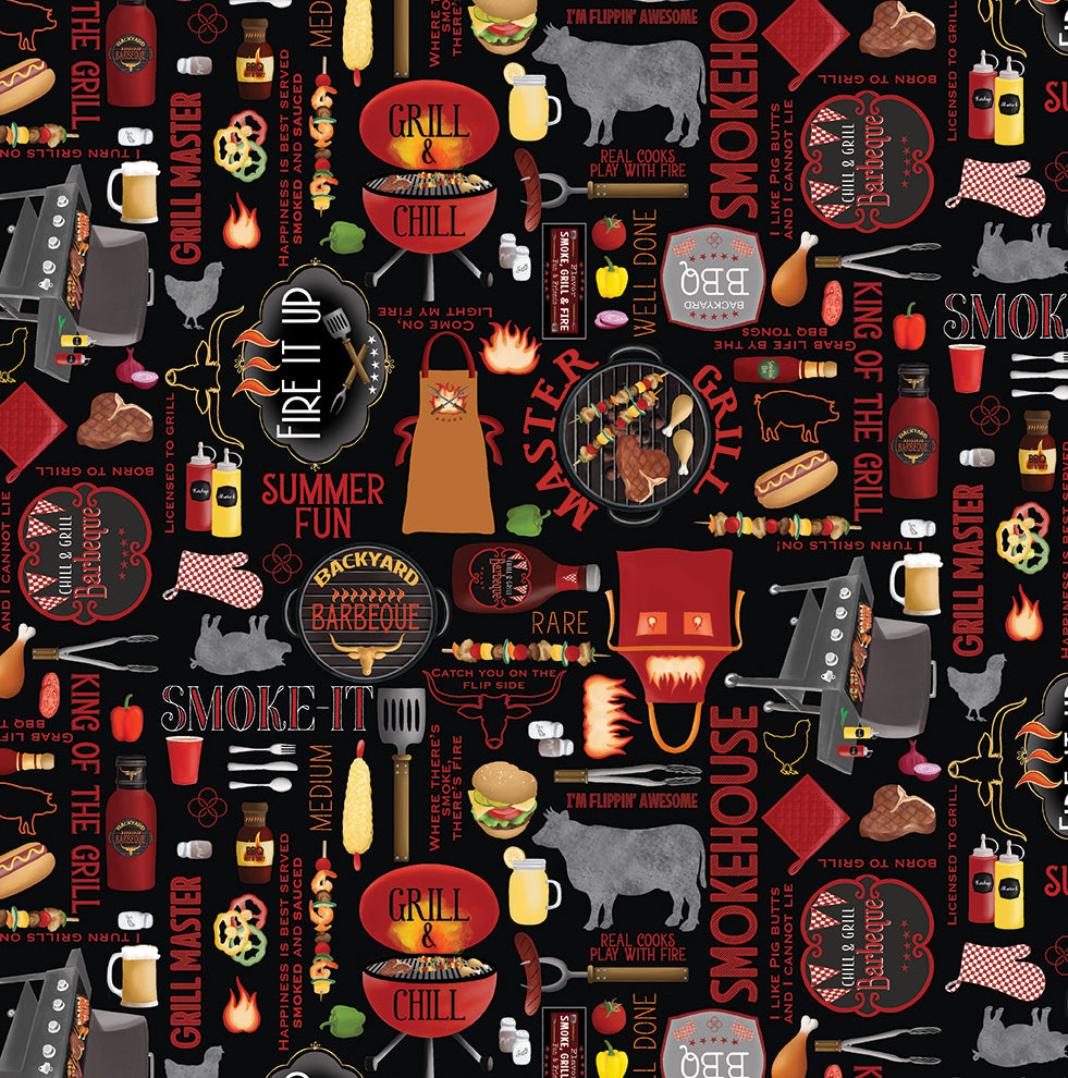 Fabric Benartex Black Backyard BBQ Hot Stuff by the Quarter Yard 15091-12