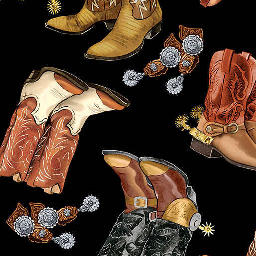 Fabric Benartex Black Cowboy Boots Yellowstone 108" Wide Back by the Quarter Yard 14484W-12