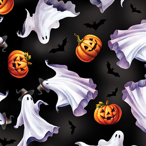 Fabric Benartex Black Ghostly Parade Ghostly Soiree by the Quarter Yard 15102-12