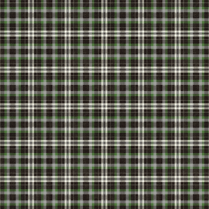 A repeating plaid pattern with black, white, and muted green lines forming a tartan check design.