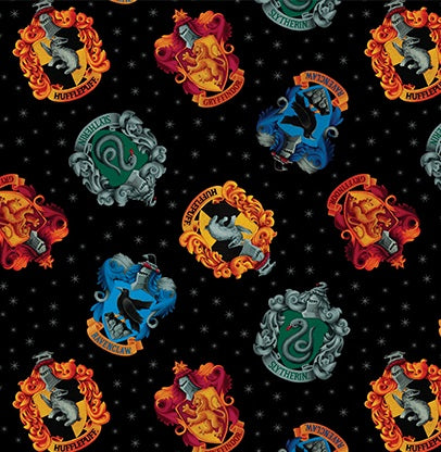 Fabric Benartex Black House Crests Harry Potter 108" Wide Back by the Quarter Yard 15219W-12