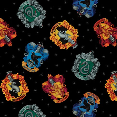 Fabric Benartex Black House Crests Harry Potter by the Quarter Yard 15213-12