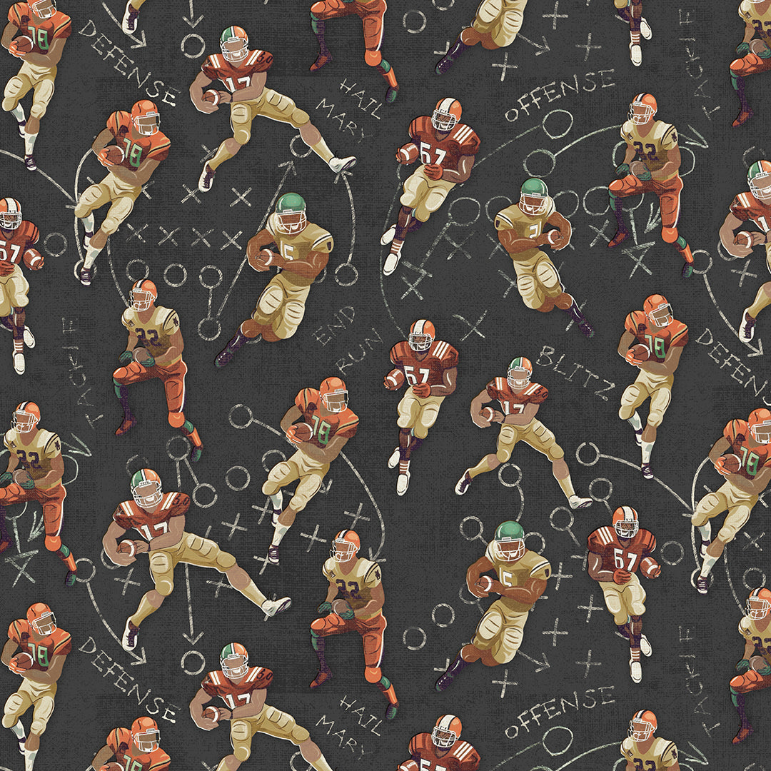 A repeating pattern of illustrated football players in orange, gold, green, and red uniforms on a dark charcoal background with white play-call markings and text such as OFFENSE, DEFENSE, and BLITZ.