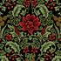 Decorative pattern with red flowers, green leaves, and red berries on a black background