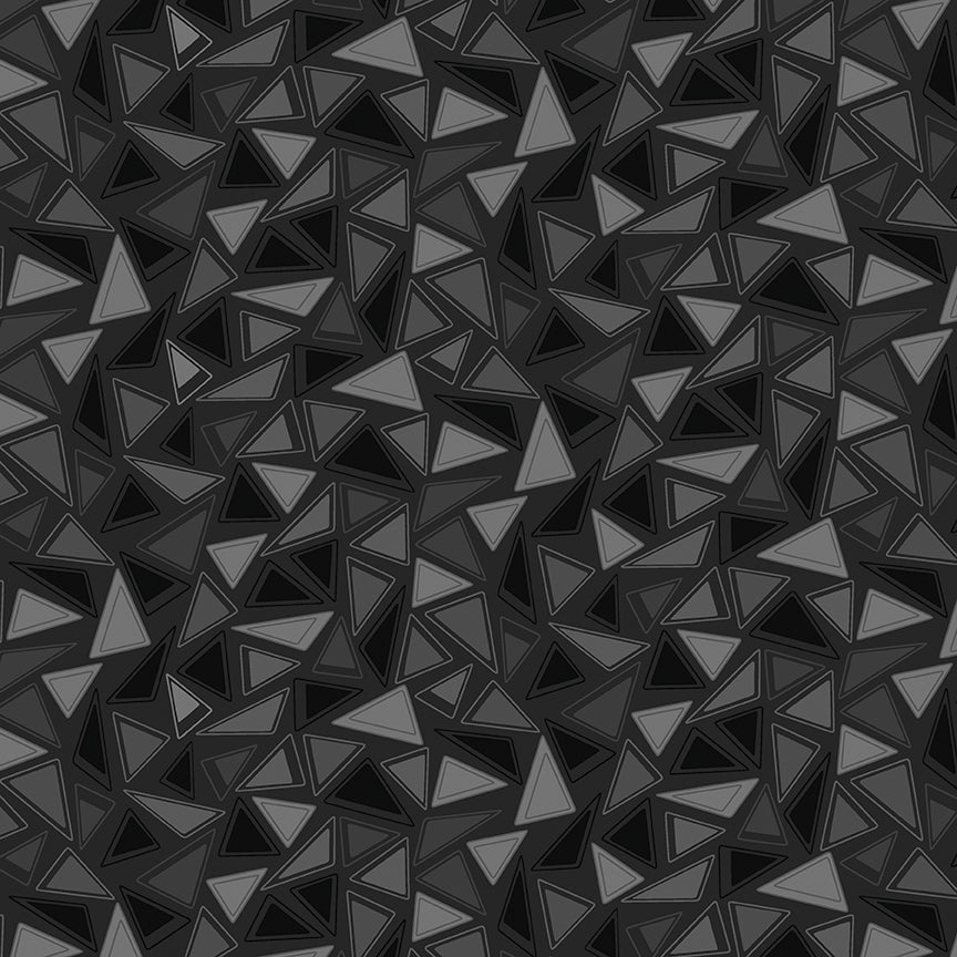 A seamless geometric pattern of interlocking triangles in shades of black, dark gray, and charcoal gray.
