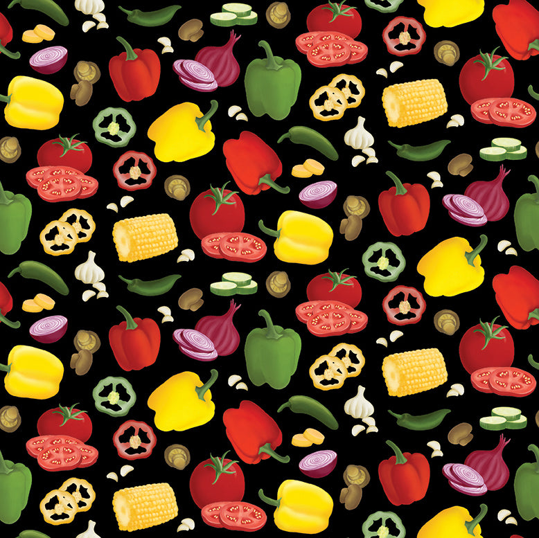 Fabric Benartex Black Veggie Party Hot Stuff by the Quarter Yard 15090-12