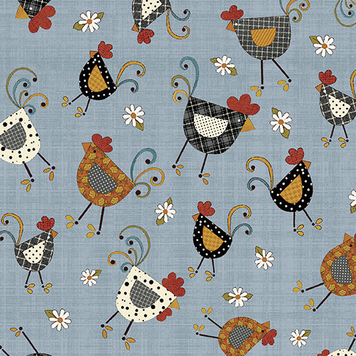 Fabric Benartex Blue Chicken Dance Prairie Chicks by the Quarter Yard 16754-54