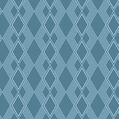 A repeating geometric pattern of interlocking diamond shapes in light blue on a muted slate blue background.