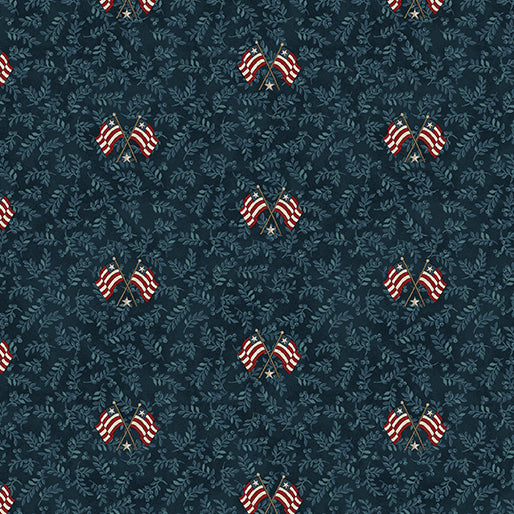 Fabric Benartex Blue Flags and Leaves American Valor by the Quarter Yard 16878-55