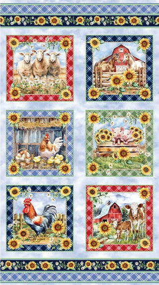 A fabric pattern featuring six square panels with rustic farm illustrations, including sheep, a barn, chickens, a rooster, and cows, surrounded by sunflower and blue plaid borders.