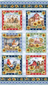 A fabric pattern featuring six square panels with rustic farm illustrations, including sheep, a barn, chickens, a rooster, and cows, surrounded by sunflower and blue plaid borders.
