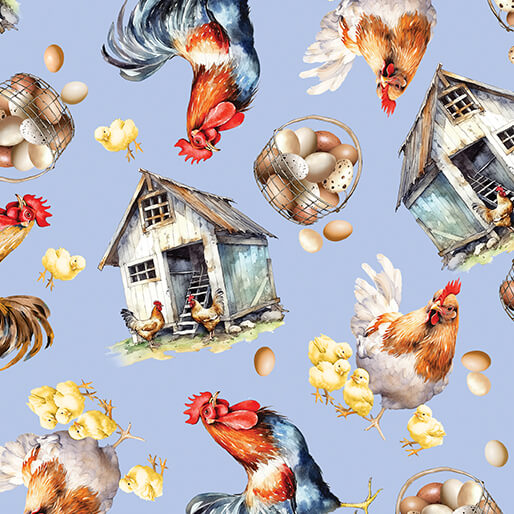 Pattern of chickens, roosters, and a chicken coop on a blue background