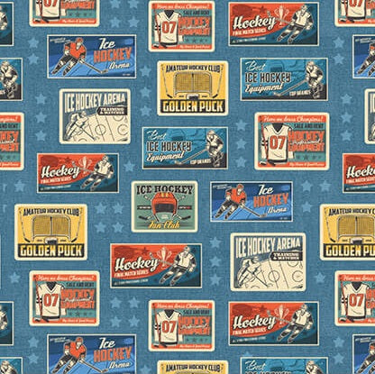 A repeating vintage-style ice hockey print on a medium blue background with white stars. The pattern features retro posters and labels in red, yellow, cream, and blue, with illustrations of hockey players and text including 'Ice Hockey', 'Golden Puck', and 'Hockey'.
