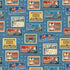 A repeating vintage-style ice hockey print on a medium blue background with white stars. The pattern features retro posters and labels in red, yellow, cream, and blue, with illustrations of hockey players and text including 'Ice Hockey', 'Golden Puck', and 'Hockey'.