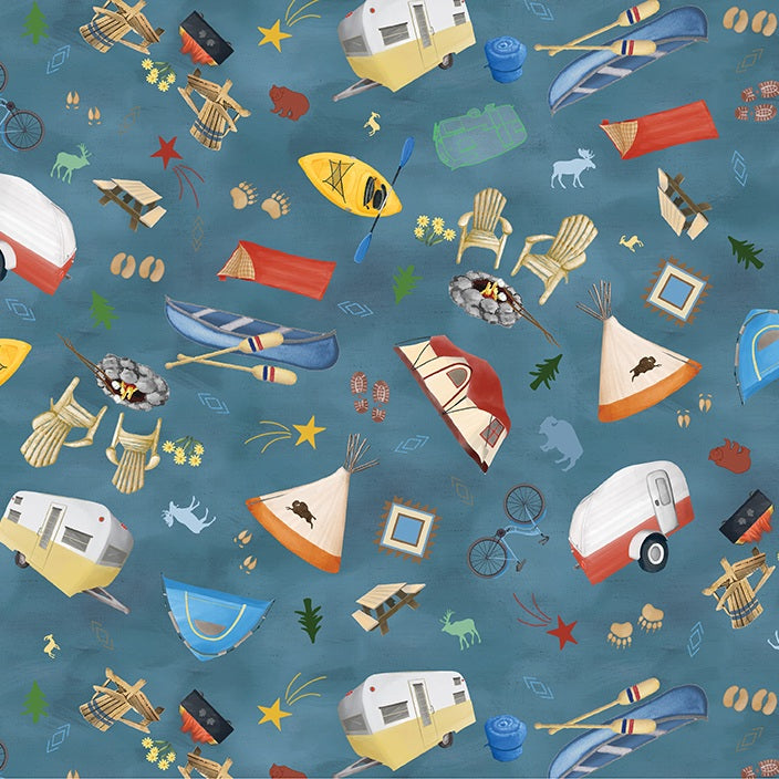 A repeating illustrated pattern on a blue background featuring camping and travel motifs, including trailers, boats, chairs, umbrellas, bicycles, campfires, stars, and small animal silhouettes.