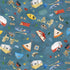 A repeating illustrated pattern on a blue background featuring camping and travel motifs, including trailers, boats, chairs, umbrellas, bicycles, campfires, stars, and small animal silhouettes.