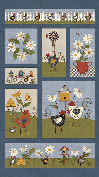 Fabric Benartex Blue/Multi Prairie Chicks Quilting Panel 16752-55