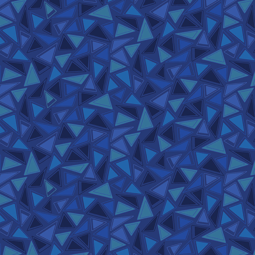 A seamless geometric pattern featuring interlocking triangles in various shades of blue, from deep navy to bright royal blue.