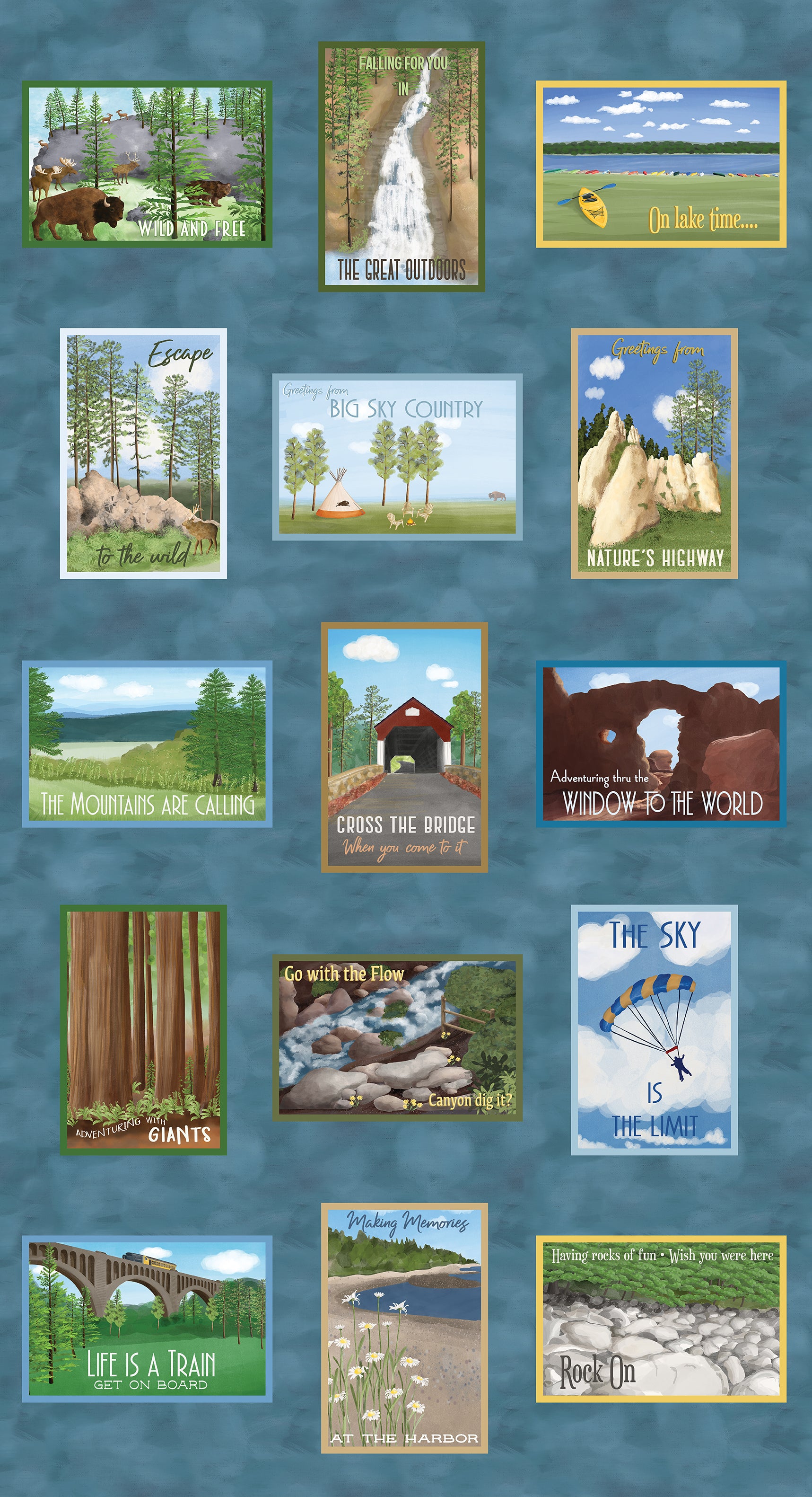 A grid of 15 vintage-style travel postcards featuring scenic landscapes, arranged on a textured blue background. The postcards depict various outdoor scenes including forests, mountains, lakes, and landmarks, with retro-style illustrations and text.