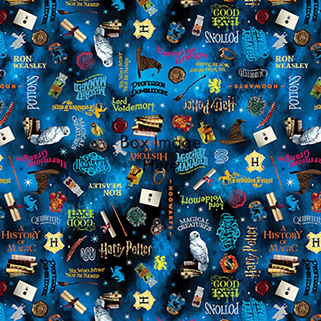 Fabric Benartex Blue Words Harry Potter 108" Wide Back by the Quarter Yard 15227W-55