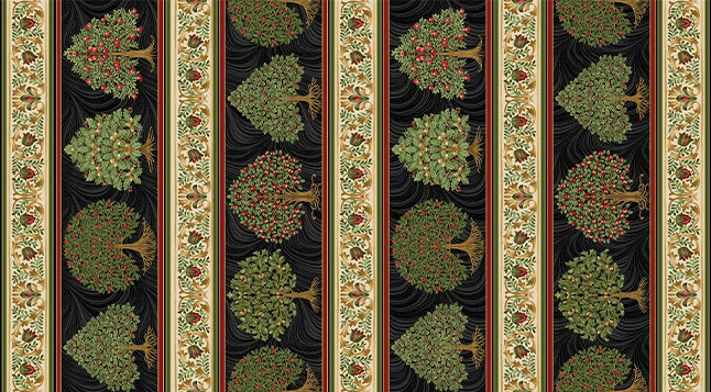 Decorative border with green trees and red berries on a black background