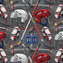 A repeating pattern of hockey gear on a gray background, including red and silver helmets, gloves, sticks, pucks, and netting, with a small blue digital clock in the center showing 09:12.