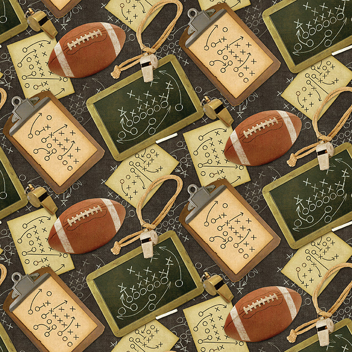 A repeating pattern featuring footballs, chalkboard play diagrams, clipboards with football plays, and a whistle on a dark textured background.