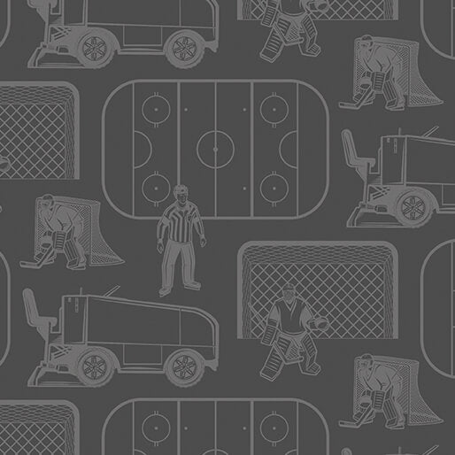 Dark gray fabric featuring a repeating pattern of light gray hockey-themed illustrations, including ice rinks, hockey players, and ice resurfacing machines.