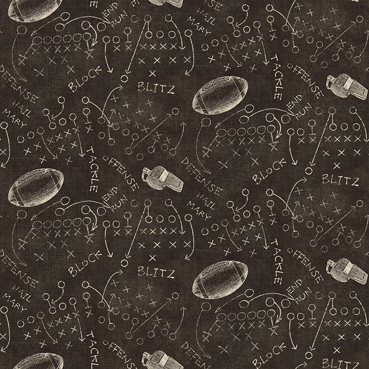 Dark brown fabric featuring a repeating white football-themed tactical play pattern with illustrated footballs, whistles, and play call diagrams.